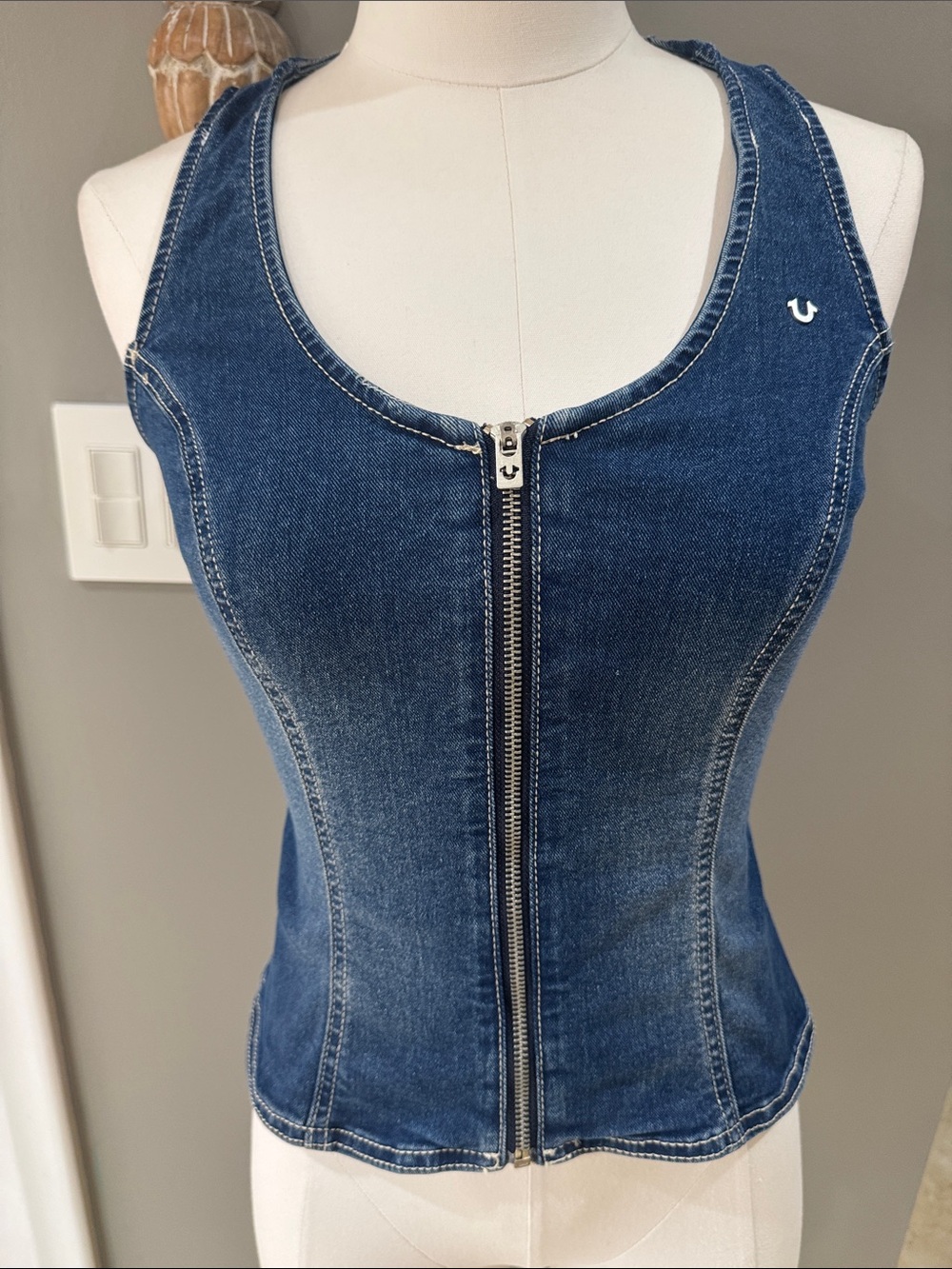 True Religion Blue Denim Zip-Front Racerback Vest